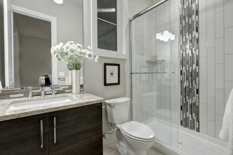 Contemporary Bathroom: Vertical Stack Bond Shower Tile & Dark Wood
