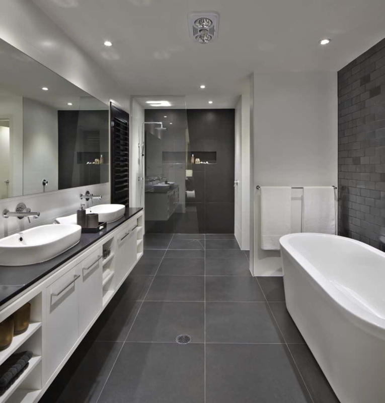 Contemporary Bathroom with Charcoal Brick Accent Wall and Vessel Sinks