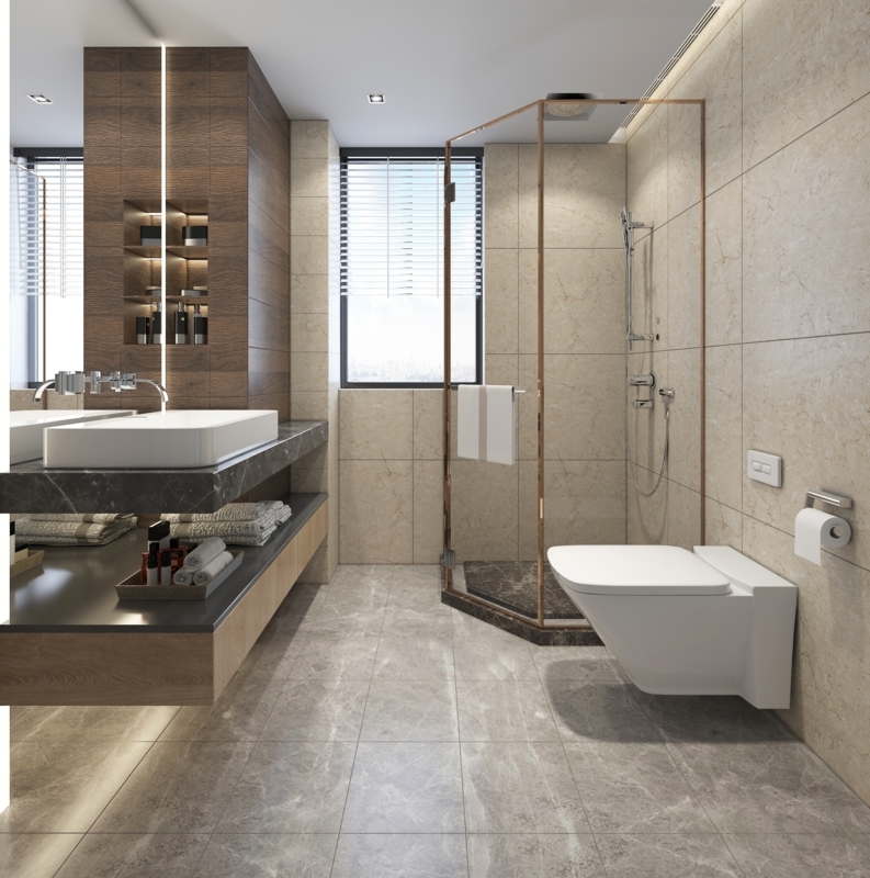 Contemporary Bathroom with Floating Tiered Vanity & Stone Tile