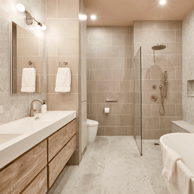 Contemporary Bathroom with Floating Wood Vanity and Mixed Tile Scales