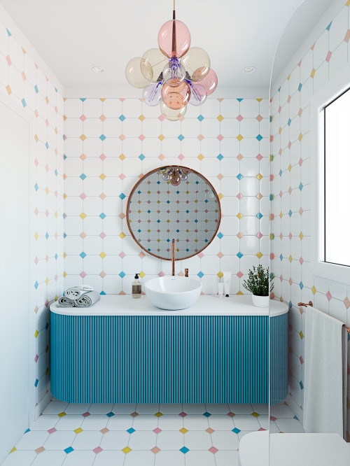 Contemporary Bathroom with ribbed teal vanity and colorful diamond tile.