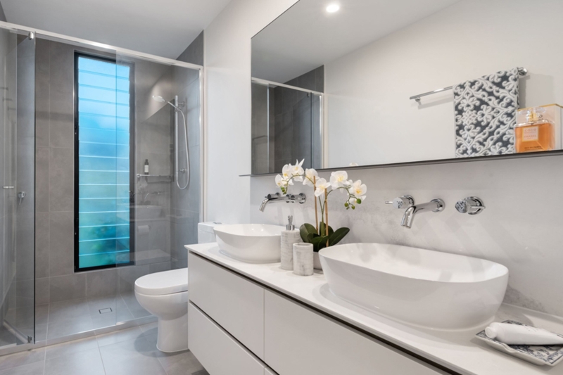 Contemporary Bathroom with Wall-Mounted Faucets & Floating Vanity