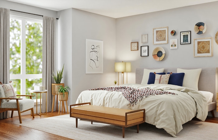 Contemporary Bed with Neutral Gallery Wall and Leather-Like Bench