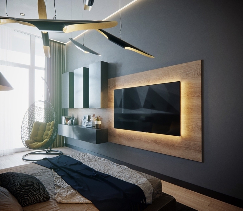 Contemporary Bedroom with Backlit Media Panel and Hanging Chair