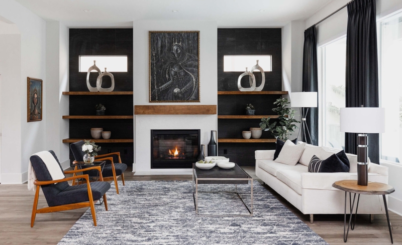 Contemporary Black And White Living Room With Floating Shelves