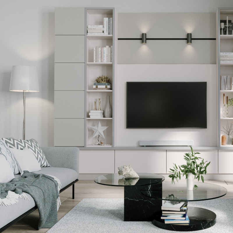 Contemporary Built-in Entertainment Center & Tiered Glass Table