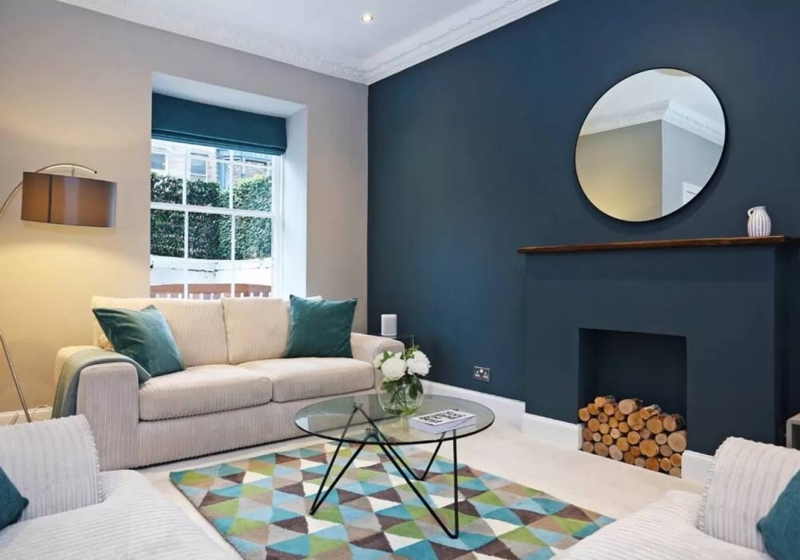 Contemporary Corduroy Sofa in Dark Blue Living Room Feature Wall