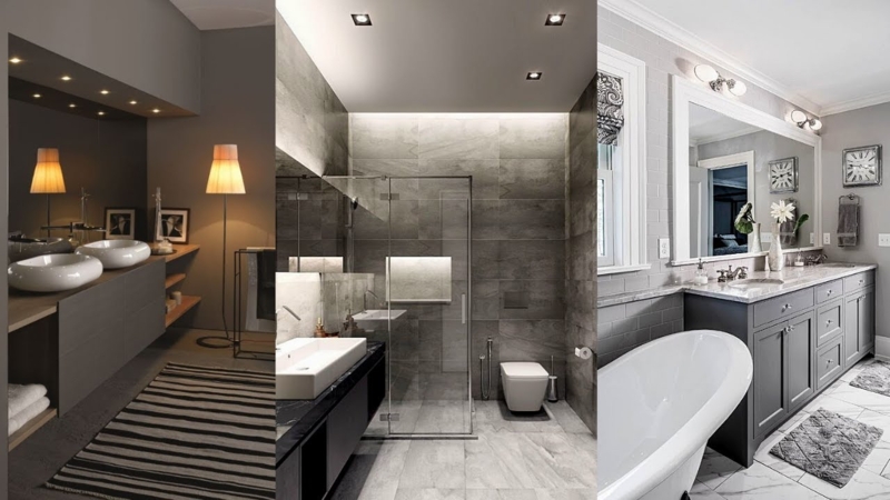 Contemporary Grey Bathroom Ideas showcasing Mixed Textures and Lighting
