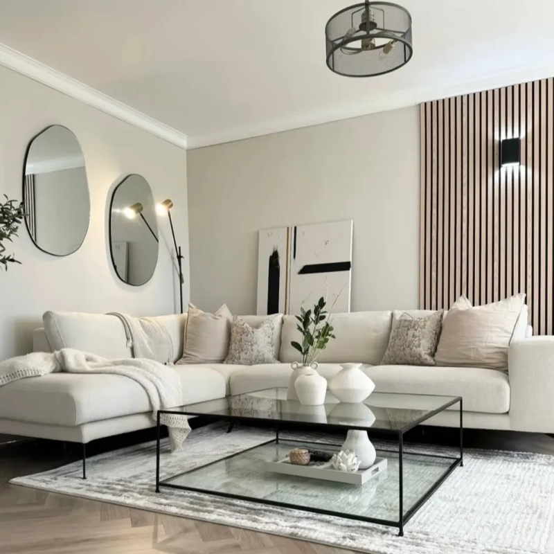 Contemporary Living Room with Wood Slat Accent Wall and Organic Mirrors