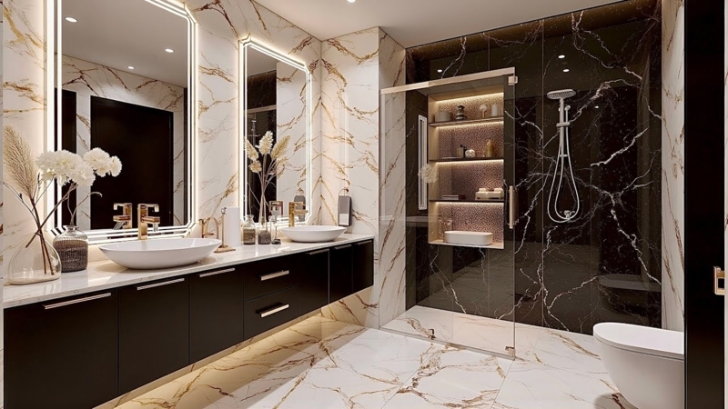 Contemporary Master Bathroom: Gold Veined Marble & Backlit Mirrors