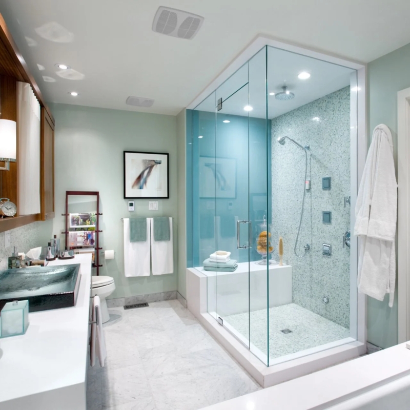 Contemporary Master Bathroom with Mint Green Walls & Glass Shower