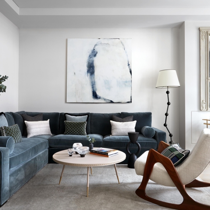 Contemporary Navy Sectional with Sculptural Rocking Chair