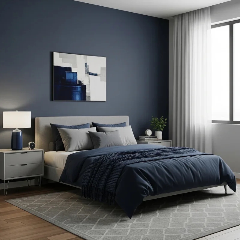 Contemporary Platform Bed with Geometric Rug and Knitted Navy Throw