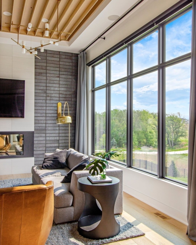 Contemporary Slat Ceiling Ideas in Living Room with Brick Accent Wall