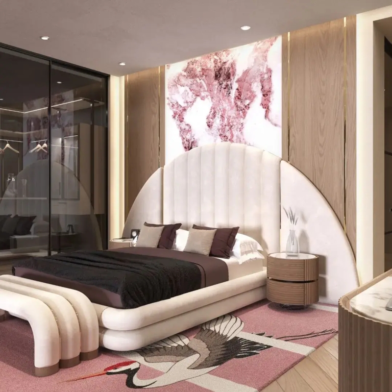 Contemporary Upholstered Bed with Arched Fan Headboard and Crane Motif Rug