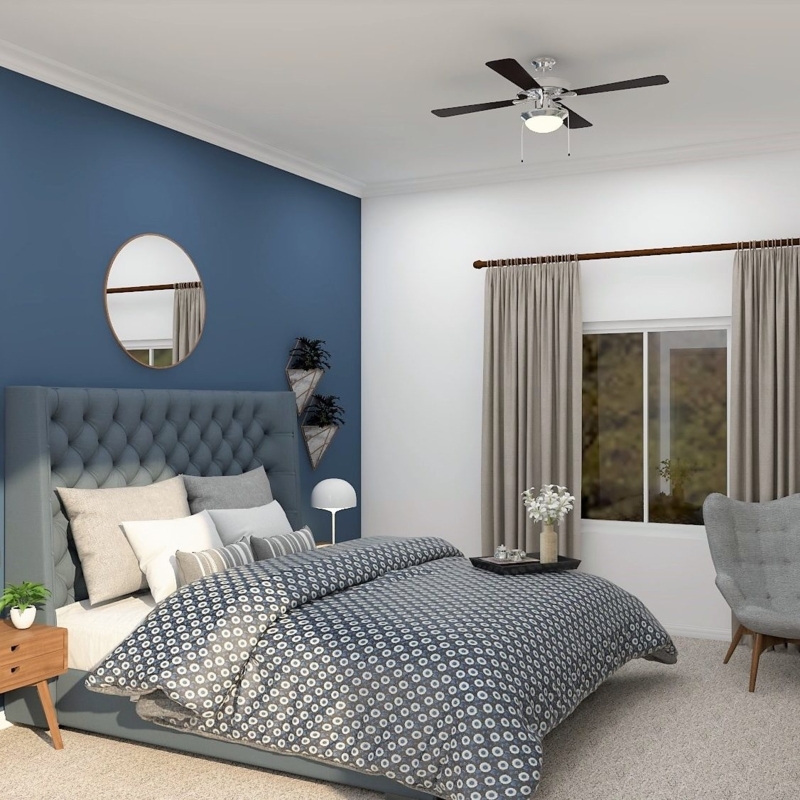 Contemporary Upholstered Bed with Navy Blue Accent Wall Ideas