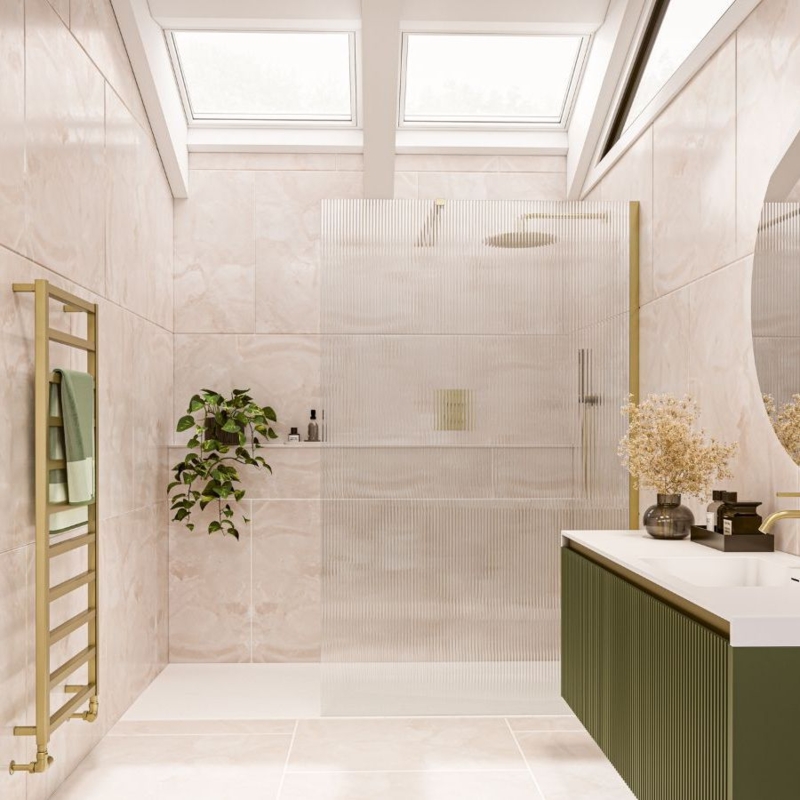 Contemporary Walk-In Shower: Fluted Glass Screen & Olive Green Vanity