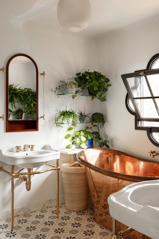 Copper Bathtub Bathroom Design with Patterned Tile Floor