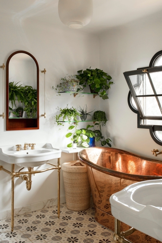 Copper Bathtub in Boho Farmhouse Bathroom with Patterned Floor Tile
