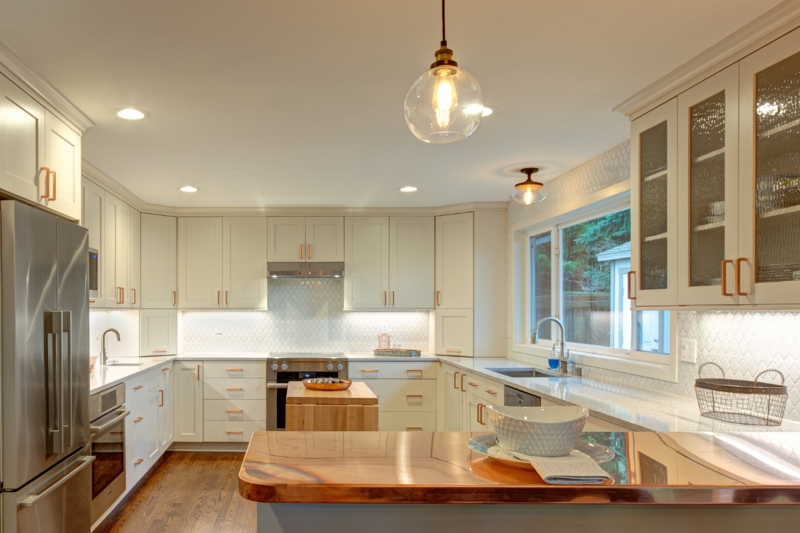 Copper Topped Kitchen Island with Matching Hardware and Pendant