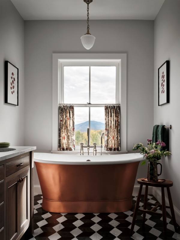 Copper Tub Bathroom with Black and White Checkered Harlequin Floor
