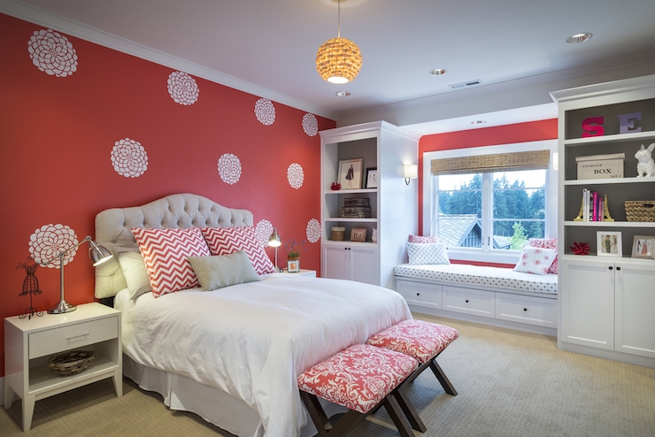 Coral Accent Wall Bedroom Ideas with Floral Stencils & Window Seat