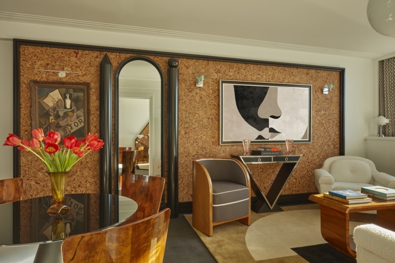 Cork Wall Paneling Design: Glossy Burl Wood & Geometric Console