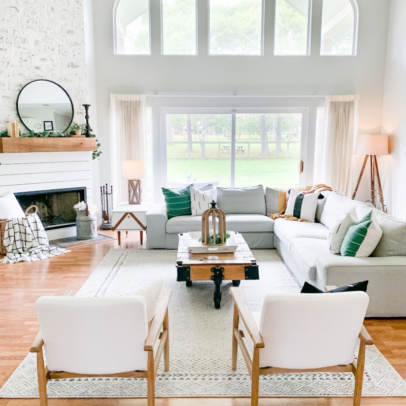 Corner Shiplap Fireplace In Modern Farmhouse Living Room