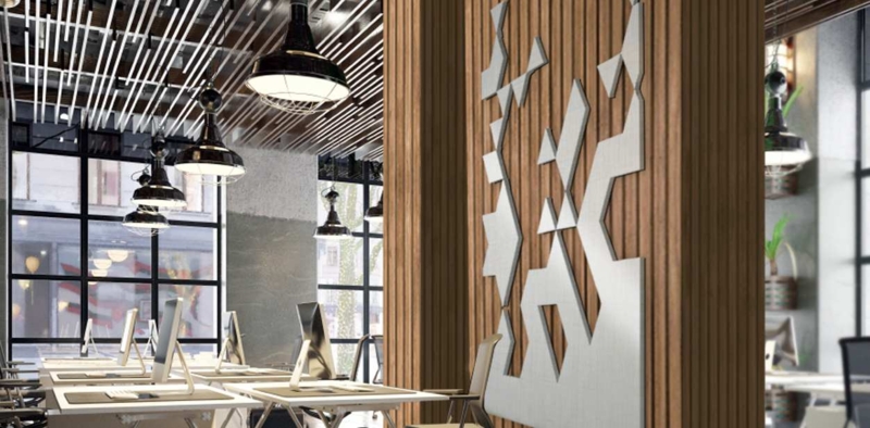 Corporate Office Wood Accent Wall with White Geometric Overlay