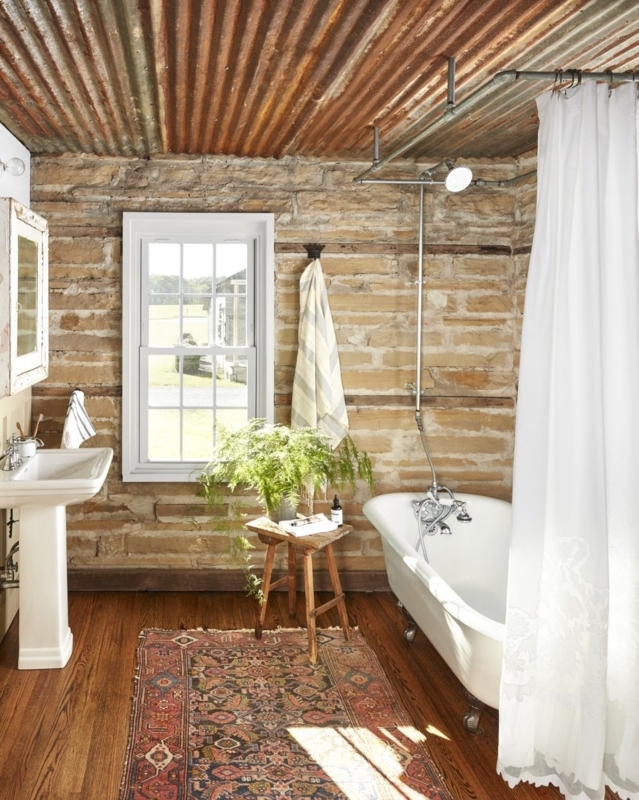 Corrugated Metal Ceiling Ideas in Rustic Industrial Bathroom
