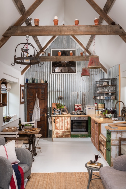 Corrugated Metal Kitchen Wall Ideas with Exposed Timber Beams