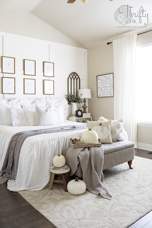 Cottage Bed with Ruffled White Bedding and Board and Batten Walls