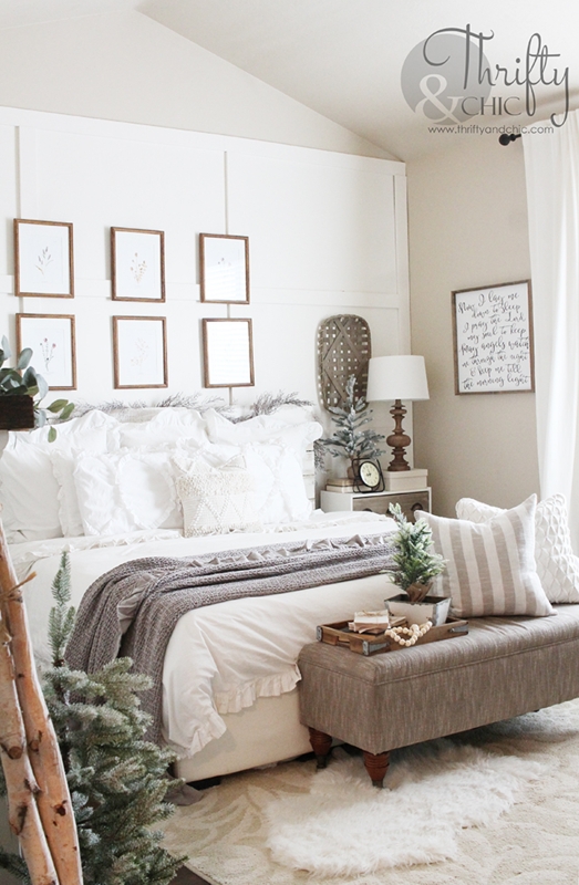 Cottage Bedroom with Grid Gallery Wall and Winter Flocked Mini Trees