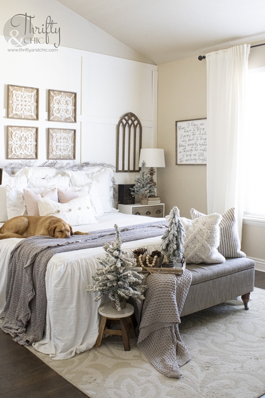 Cottage Farmhouse Bed: Board and Batten Wall and Winter Decor