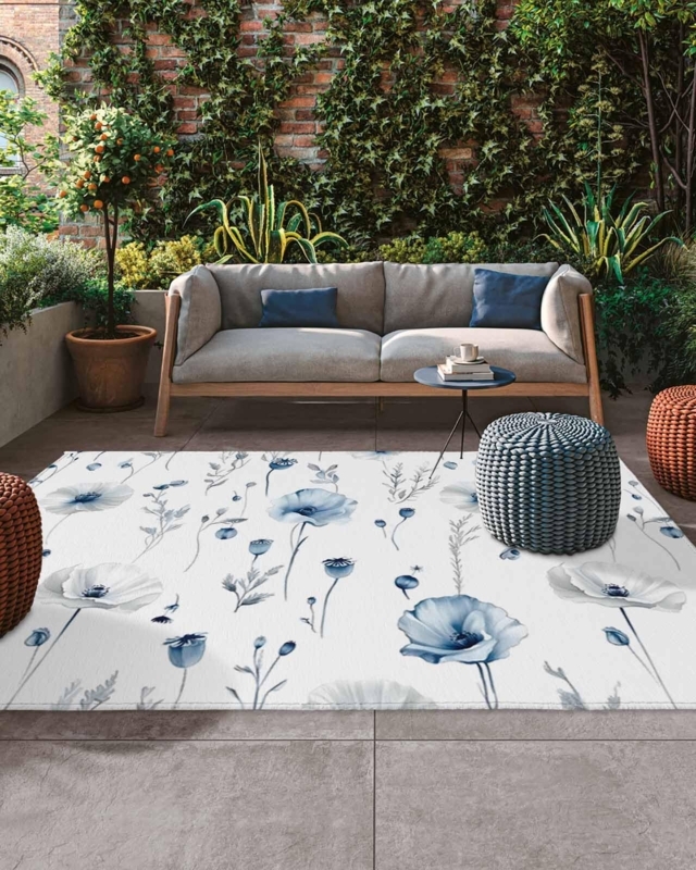 Cottage Farmhouse Outdoor Area Rug Navy Blue with Oversized Poppy Print