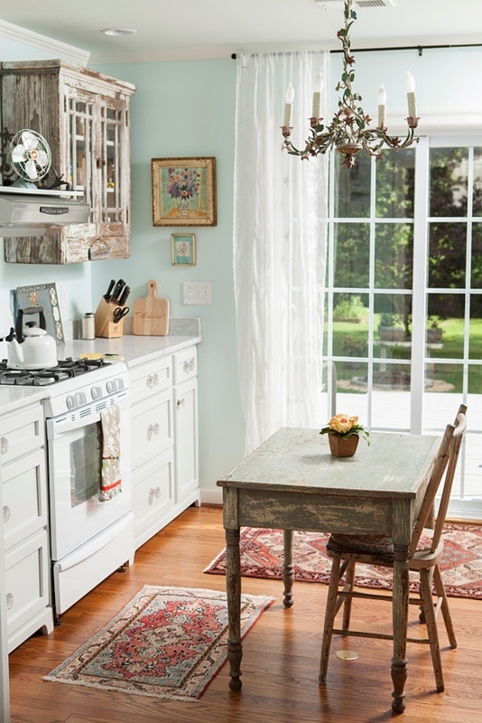 Cottage Kitchen Dining with Distressed Green Table & Floral Chandelier
