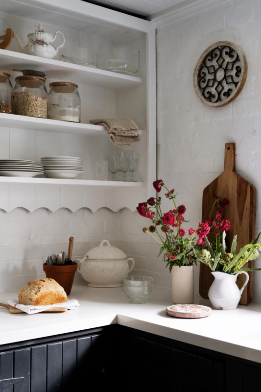 Cottage Kitchen Open Shelving featuring Unique White Scalloped Edge Trim