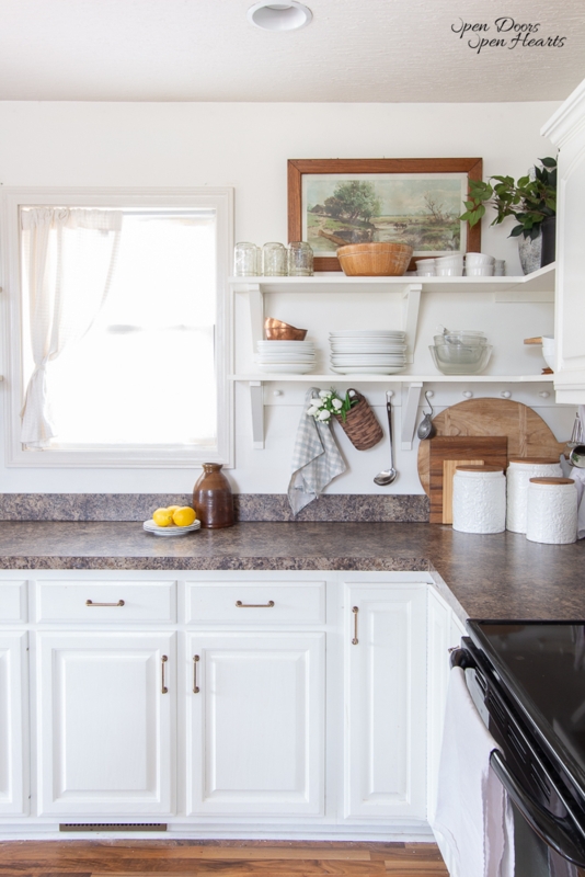 Cottage Kitchen Shelves featuring White-on-White Vintage Inspired Decor