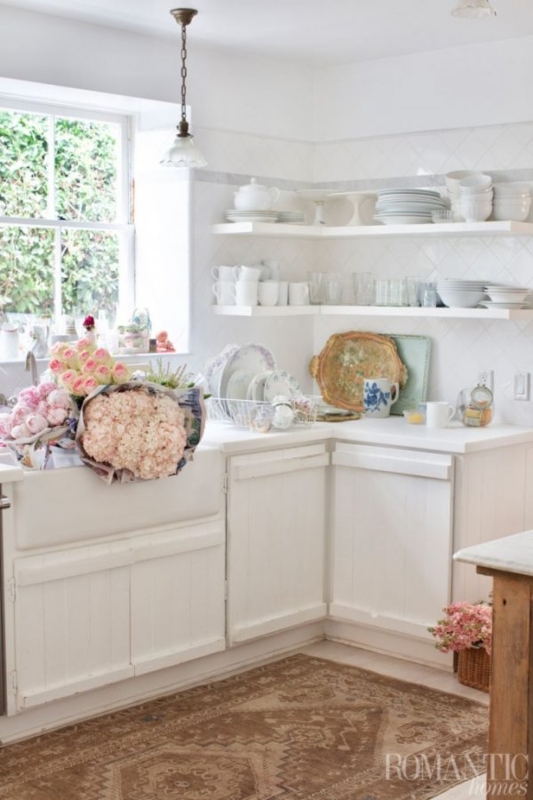 Cottage Kitchen with Apron Front Sink, Open Shelving & Patterned Rug