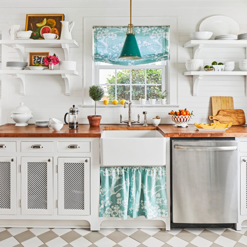 Cottage Kitchen with Apron Sink and Teal Floral Fabric Sink Skirt