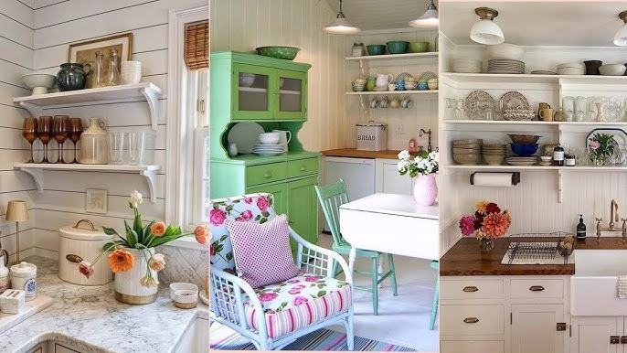 Cottage Kitchen with Sage Green Hutch & Open Shelves | Vintage Dining