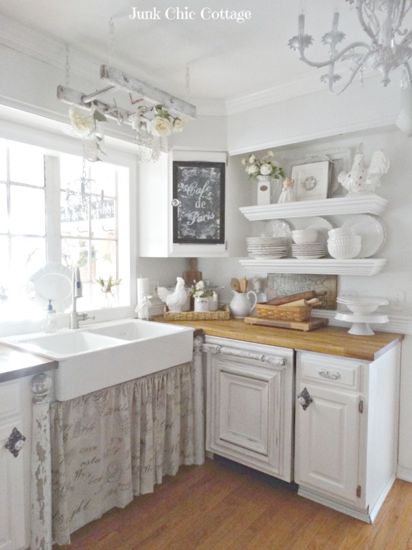 Cottage Kitchen with Skirted Sink Cabinet & Suspended Floral Ladder