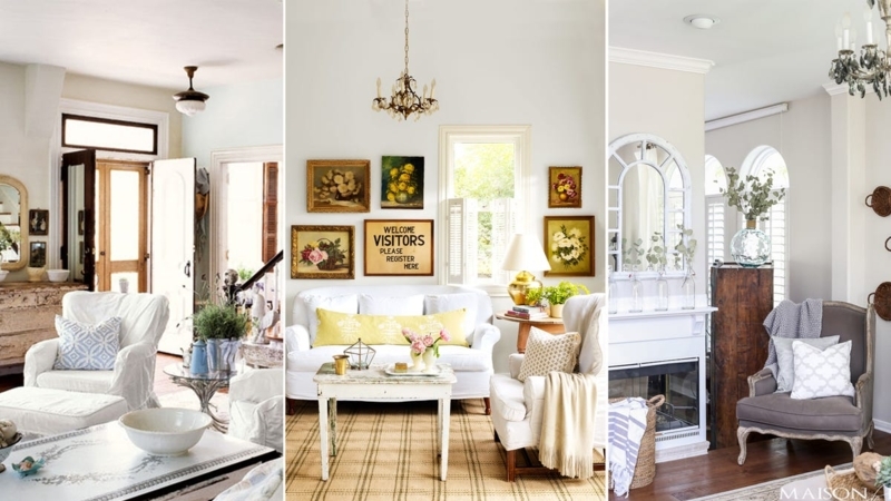 Cottage Living Room with Vintage Wall Art Collection & Distressed Finish
