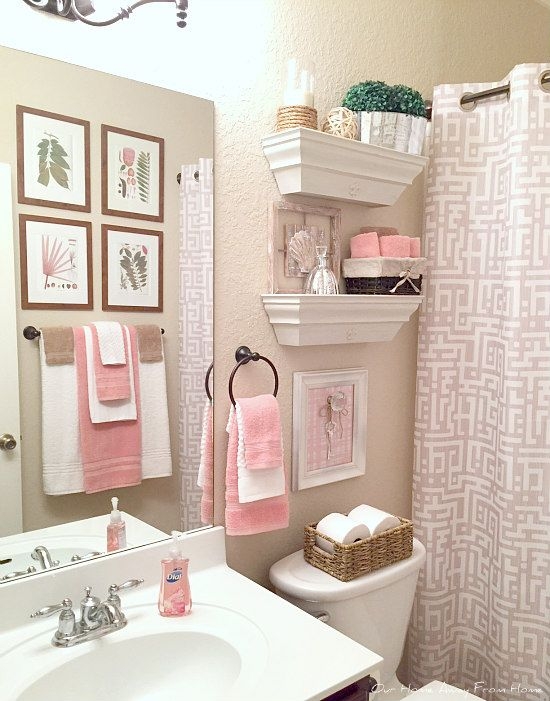 Cottage Style Bathroom Floating Shelves & Botanical Grid Art