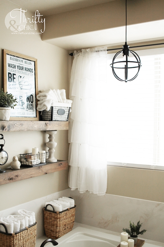 Cottage Style Bathroom Nook: Rustic Shelves and Ruffled Curtains