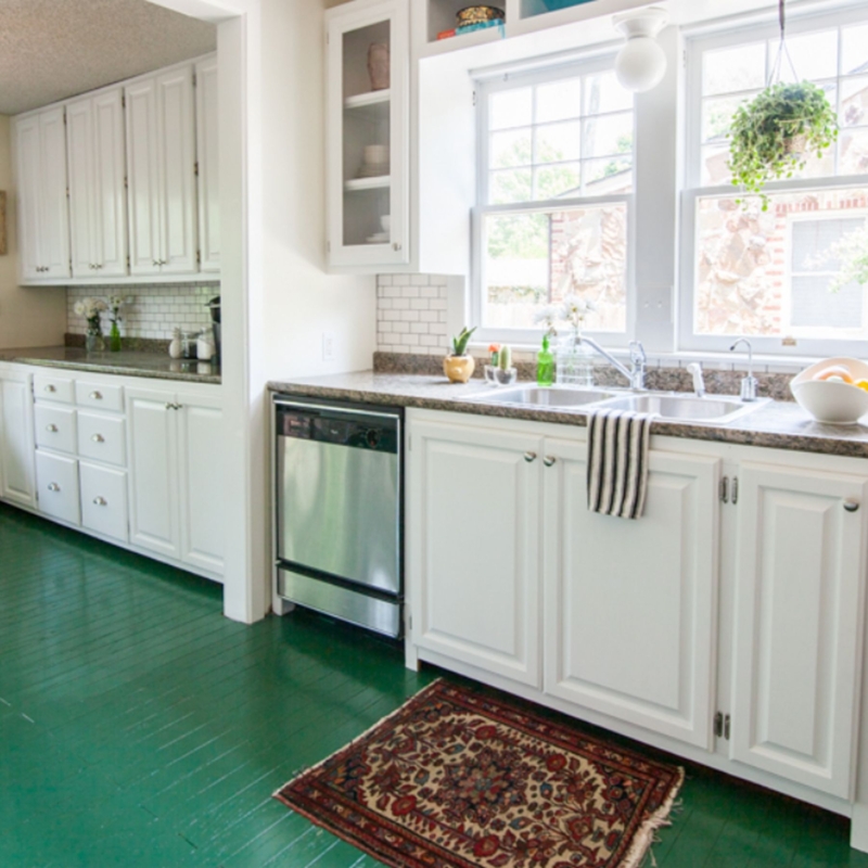 Cottage Style Kitchen: Bold Green Painted Floor and Shaker Cabinets