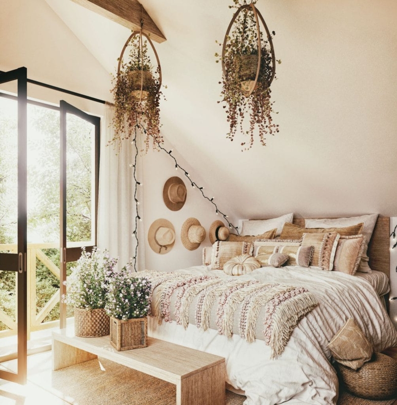 Cottagecore Attic Bedroom Decor with Hanging Hoop Planters and Hat Wall