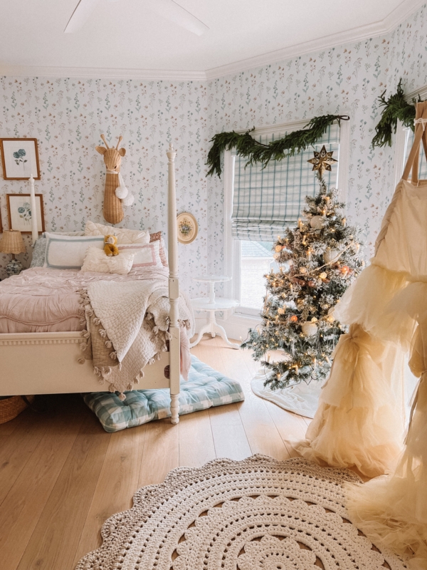 Cottagecore Bedroom with a Scalloped Crochet Rug and Wildflower Wallpaper