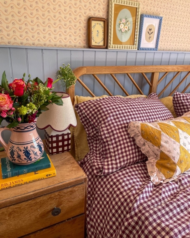 Cottagecore Bedroom with Blue Beadboard Wall Paneling and Gingham Bedding