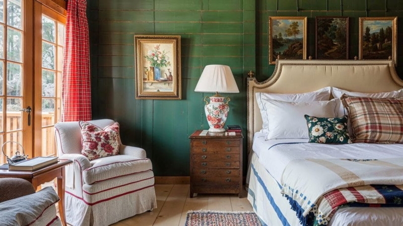 Cottagecore Bedroom with Green Paneled Walls and Floral Ceramic Lamp